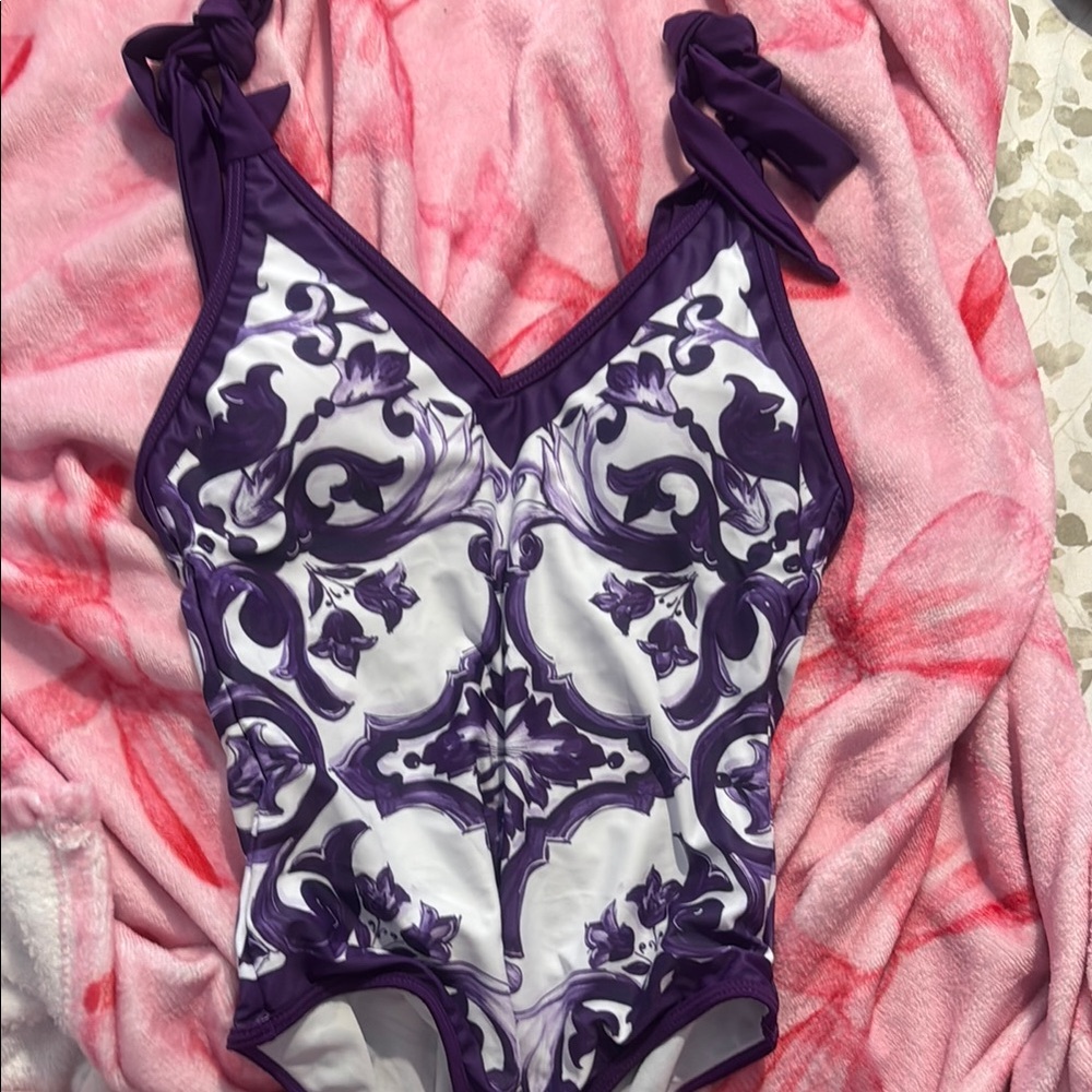 Purple and White Patterned Swimsuit with matching cover long skirt